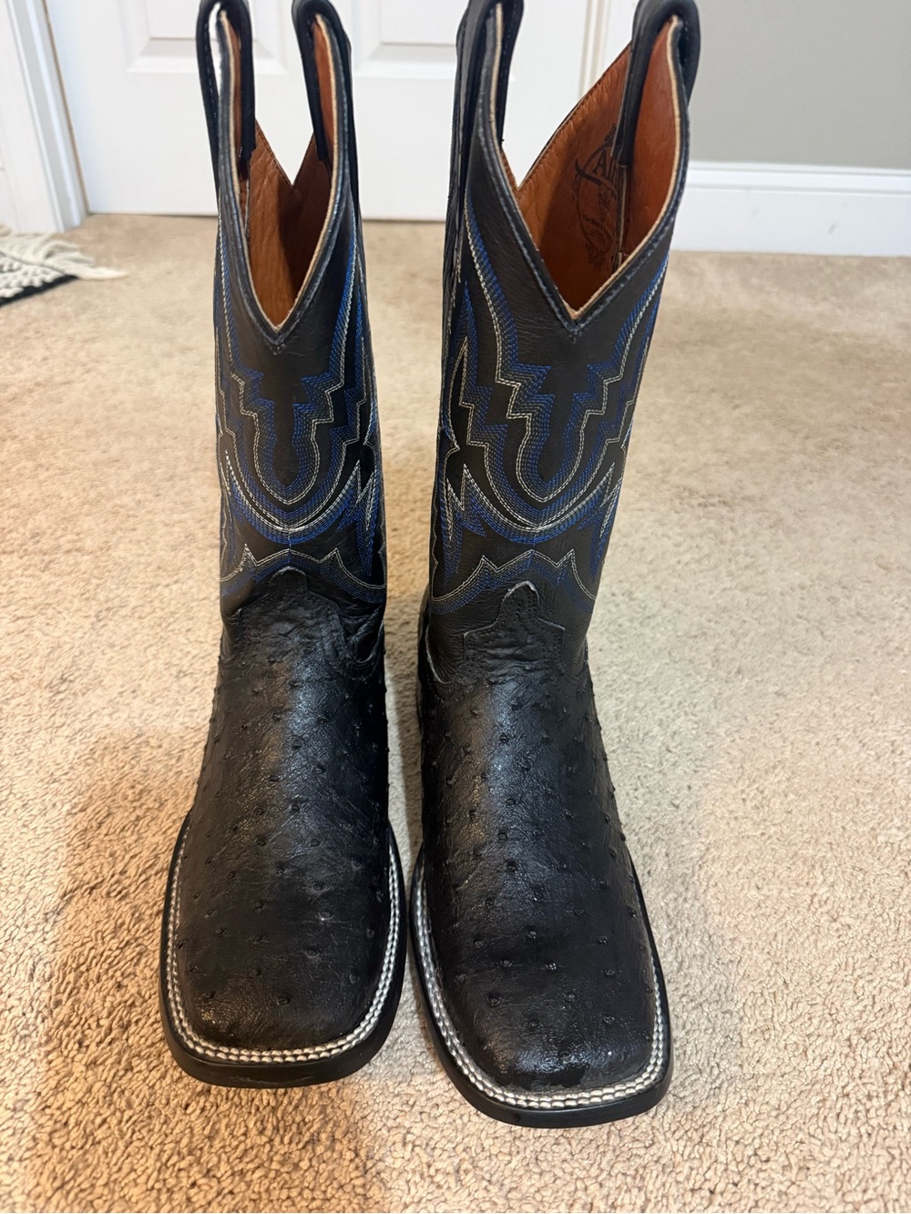 Black Ostrich-Texture Square-Toe Western Boots with Blue Stitching